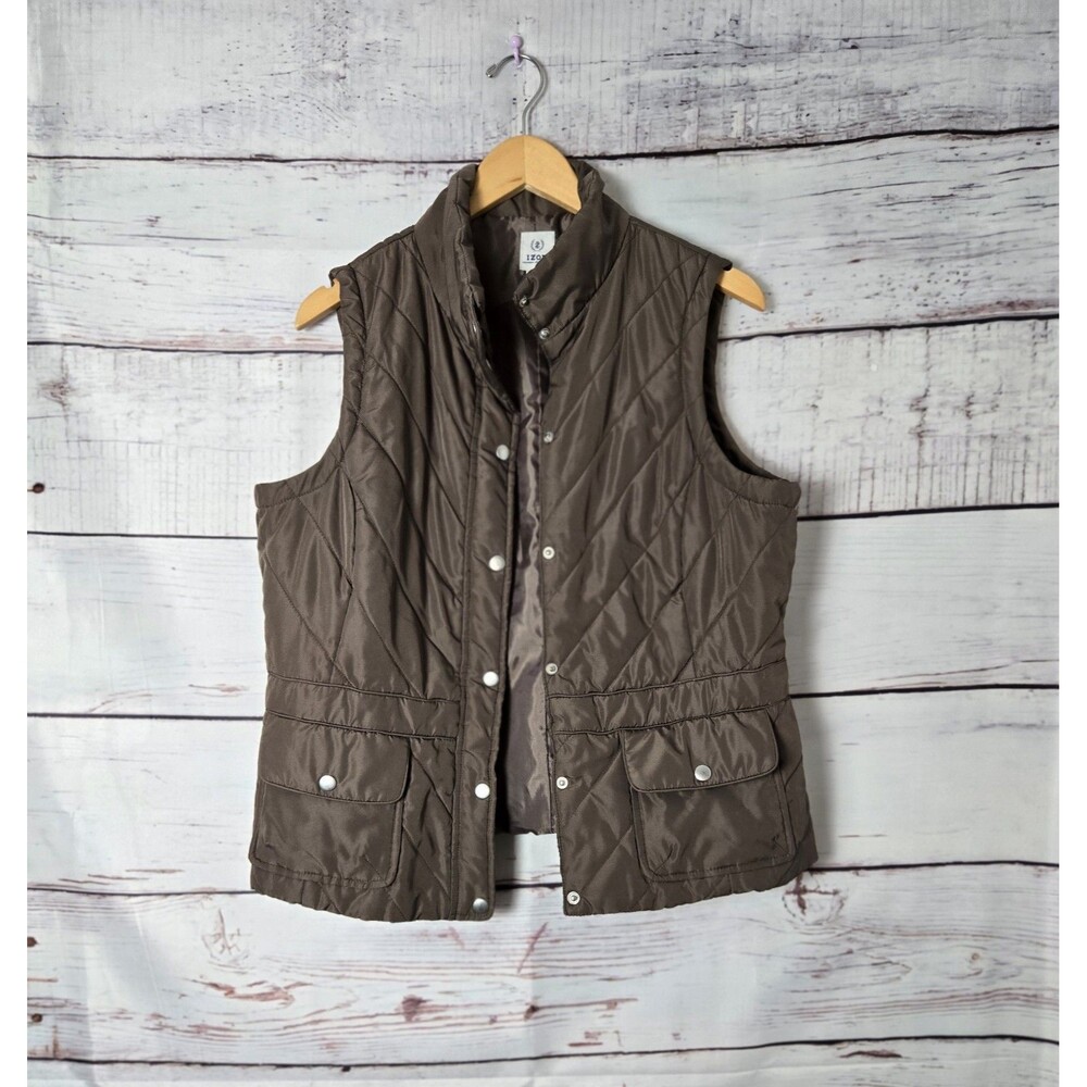 IZOD Womens Vest Large Green Quilted Puffer Snap Buttons Front Pockets